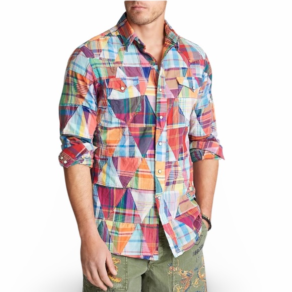 Polo Ralph Lauren Cotton Madras Classic Fit Patchwork Pearl Snap Button Shirt - Picture 3 of 12